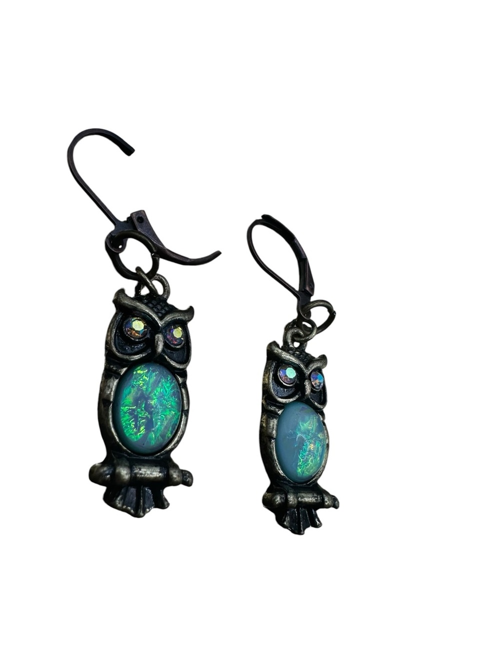 Iridescent Green Opal Owl Drop Earrings